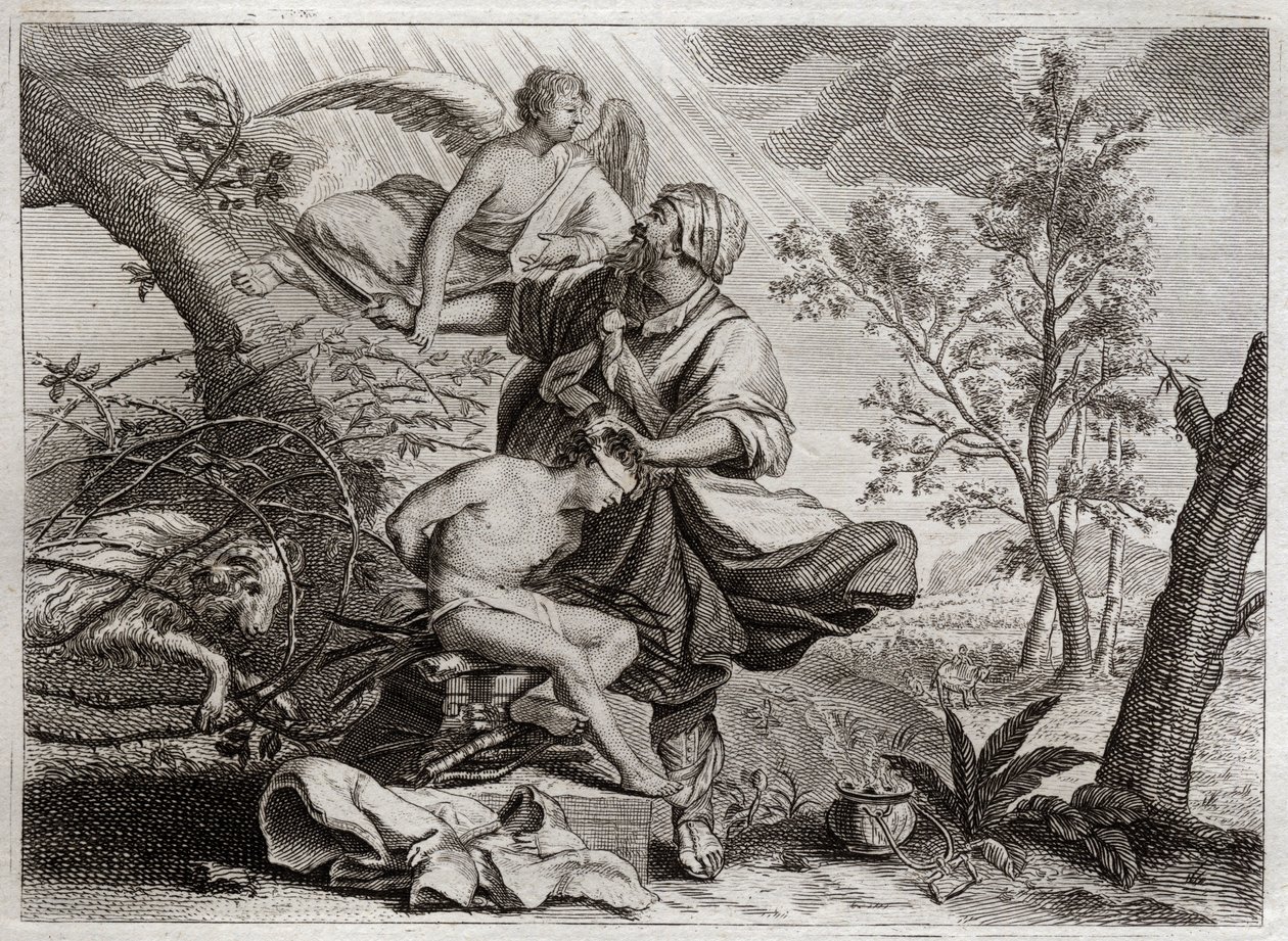 Biblia Royaumont, Stary Testament: Ofiara Abrahama. Anioł trzyma rękę Abrahama przed ofiarą jego syna Izaaka. Po lewej stronie, wierzący, Abraham, zamiast tego zabije. Ilustracja z 1811 roku. autorstwa Unknown artist