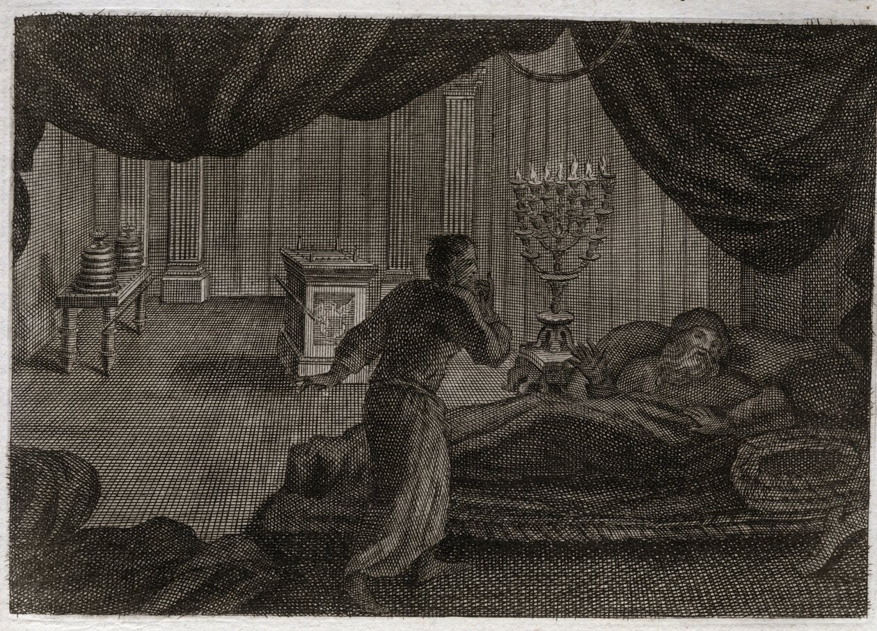 Biblia Royaumont, Stary Testament: Samuel podaje Heli. Anna (Hanna) poświęciła małego Samuela Panu i przekazała go arcykapłanowi Heli. Samuel, który w środku nocy słyszy głos pana wołającego go w środku nocy, myśli, że to jego mentor autorstwa Unknown artist