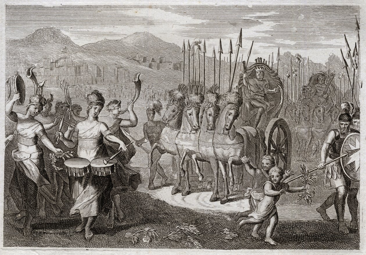 Biblia Royaumont, Stary Testament: Triumf Dawida. Po tym, jak Dawid pokonał Olbrzymiego Goliata, kobiety izraelskie szły przed nim, by uczcić jego triumf wiwatami radości i dźwiękiem instrumentów. Ilustracja z 1811 roku. autorstwa Unknown artist