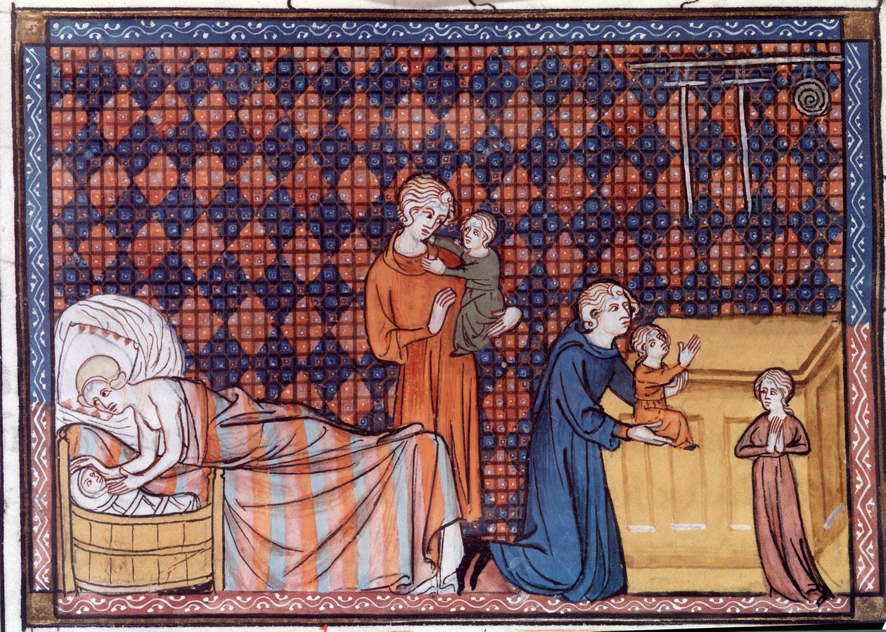 Narodziny i wykształcenie króla Francji Ludwika IX lub św. Ludwika (1214-1270). Miniatura z rękopisu „Życie i cuda św. Ludwika” autorstwa Wilhelma św autorstwa Unknown artist