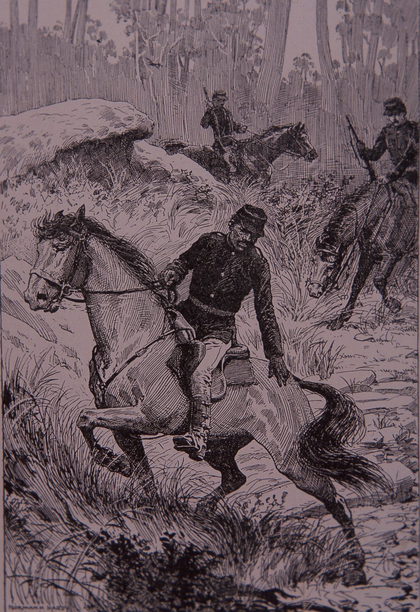 Czarni tropiciele ścigający buszrangerów w Australii (grawerowanie) autorstwa Unknown artist
