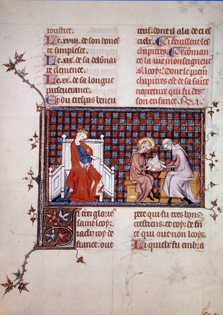 Blanche de Castille, królowa Francji (1188-1252), kierująca edukacją jej syna Ludwika IX (1214-1270) (Miniatura św. Ludwika z rękopisu „Życie i cuda św. Ludwika” Wilhelma z Saint Pathus. 1320. Paryż , B.N. autorstwa Unknown artist