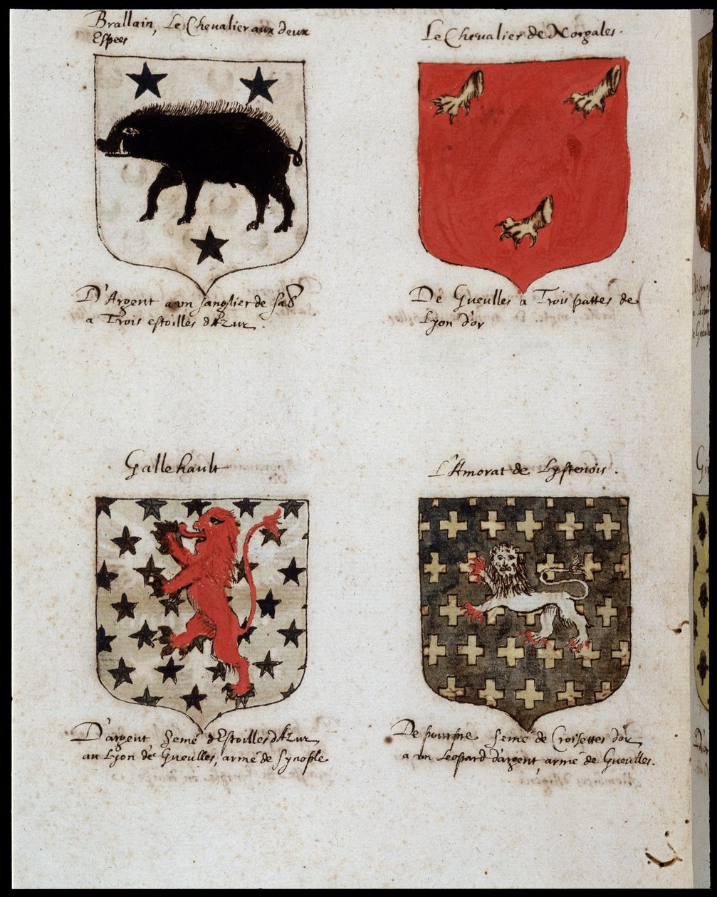 Blazony Rycerzy Okrągłego Stołu: 1. Brallain, rycerz z dwoma huśtawkami, 2. Rycerz Norgales, 3. Gallehault, 4. Amorat Lystenois. sd. 19 wiek. autorstwa Unknown artist