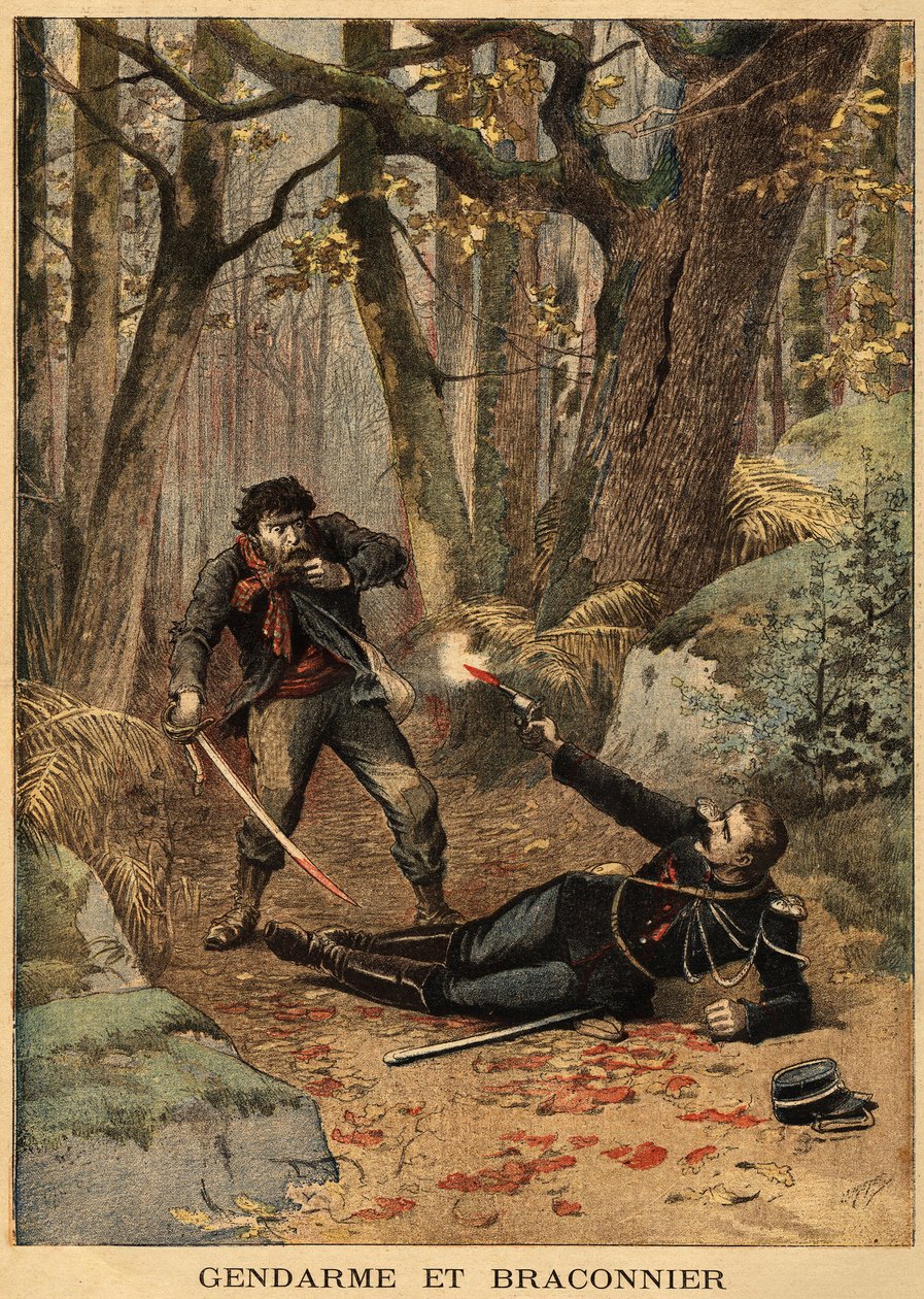 Krwawa walka kłusownika z policjantem w okolicach Beziera. Grawerowanie w „”Le petit journal”” 10.03.1895. Kolekcja Selvy. autorstwa Unknown artist