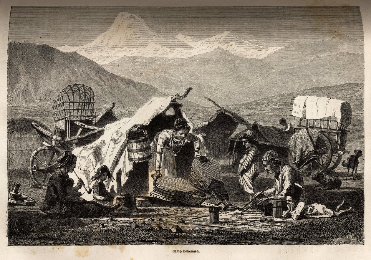 Obóz czeski. Rycina ilustrująca podróż po prowincjach Kaukazu, Basile Vereschaguine, w latach 1864-1865, opublikowana w „Le tour du monde, nouveau journal des voyages” pod redakcją Edouarda Chartona autorstwa Unknown artist