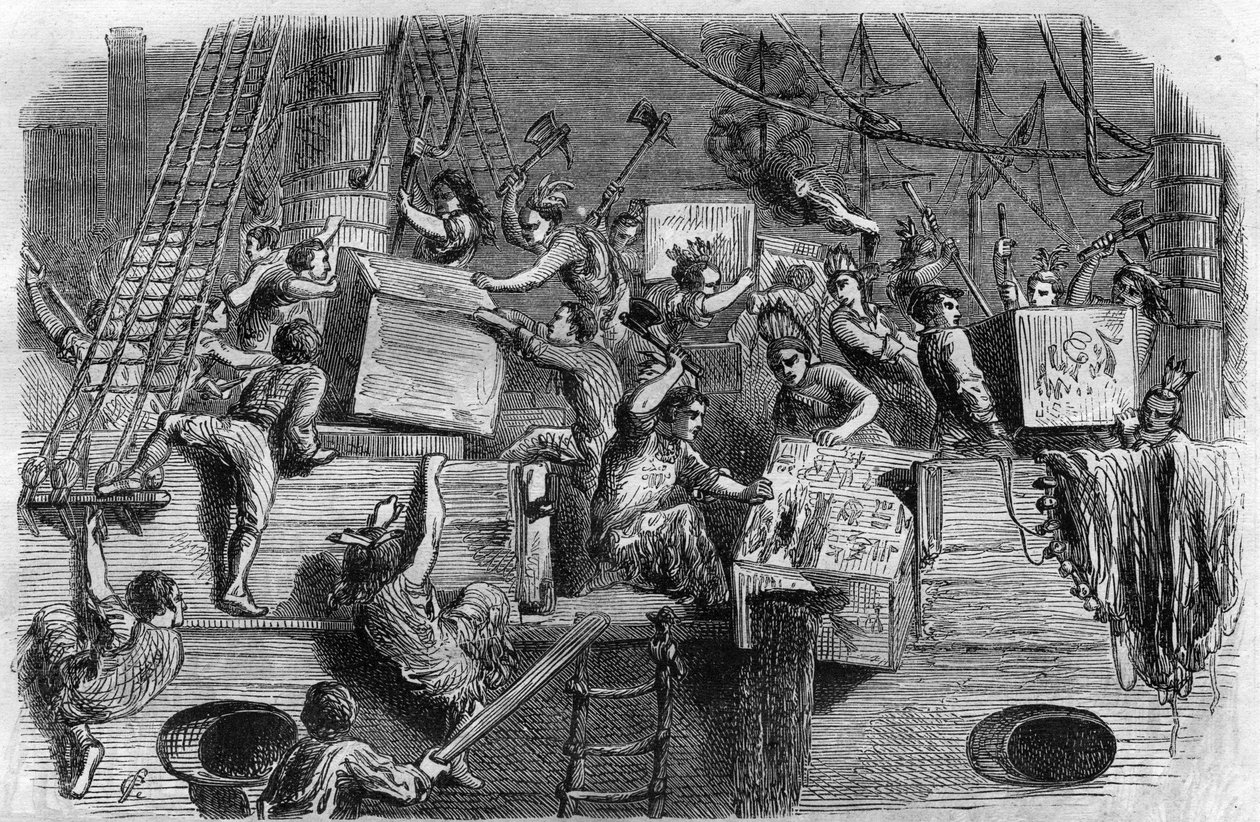 Boston Tea Party. Wojna o niepodległość Stanów Zjednoczonych: bunt amerykańskich osadników (pochodzenia z Wielkiej Brytanii) przeciwko podatkom nałożonym przez angielski parlament na herbatę i inne artykuły spożywcze. Przebierają się za Indian i wyrzucają  autorstwa Unknown artist