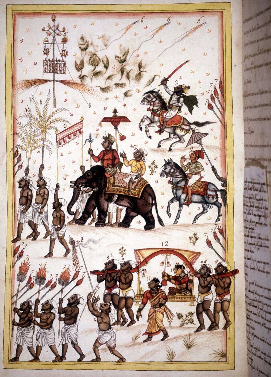 Procesja ślubna małżonków wysokiej klasy społecznej - Strona z rękopisu (ms.8300) „Historia Mogol” (Moghul lub Moghol) autorstwa Stefano Nivibus Cardeira. 18 wiek. Bibloteca marciana, Wenecja autorstwa Unknown artist