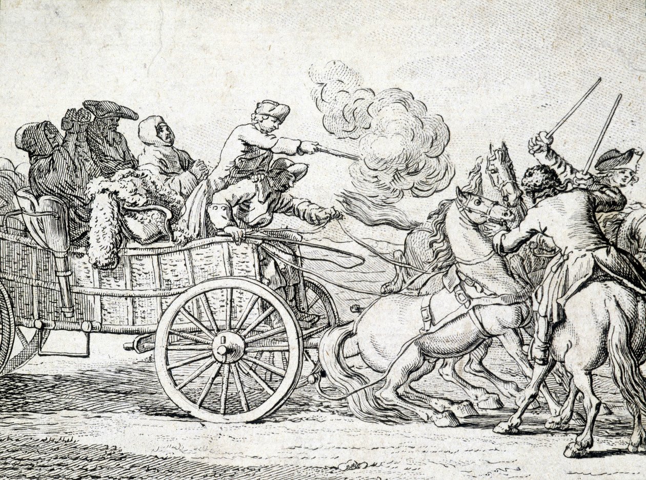 Bandyci atakujący pasażerów na wozie. Grawerowanie przez 18 wieku anonimowe. autorstwa Unknown artist