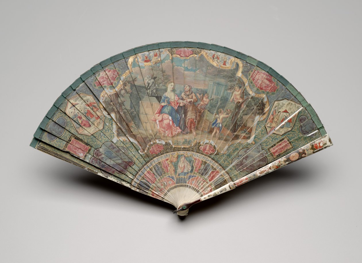 Wachlarz Brisé z motywami wróżki i chinoiserie, ok. 1700-25 (gwasz na ostrzach z kości słoniowej, jedwabna wstążka, szylkret, wklejane klejnoty i mosiężna pętelka) autorstwa Unknown artist