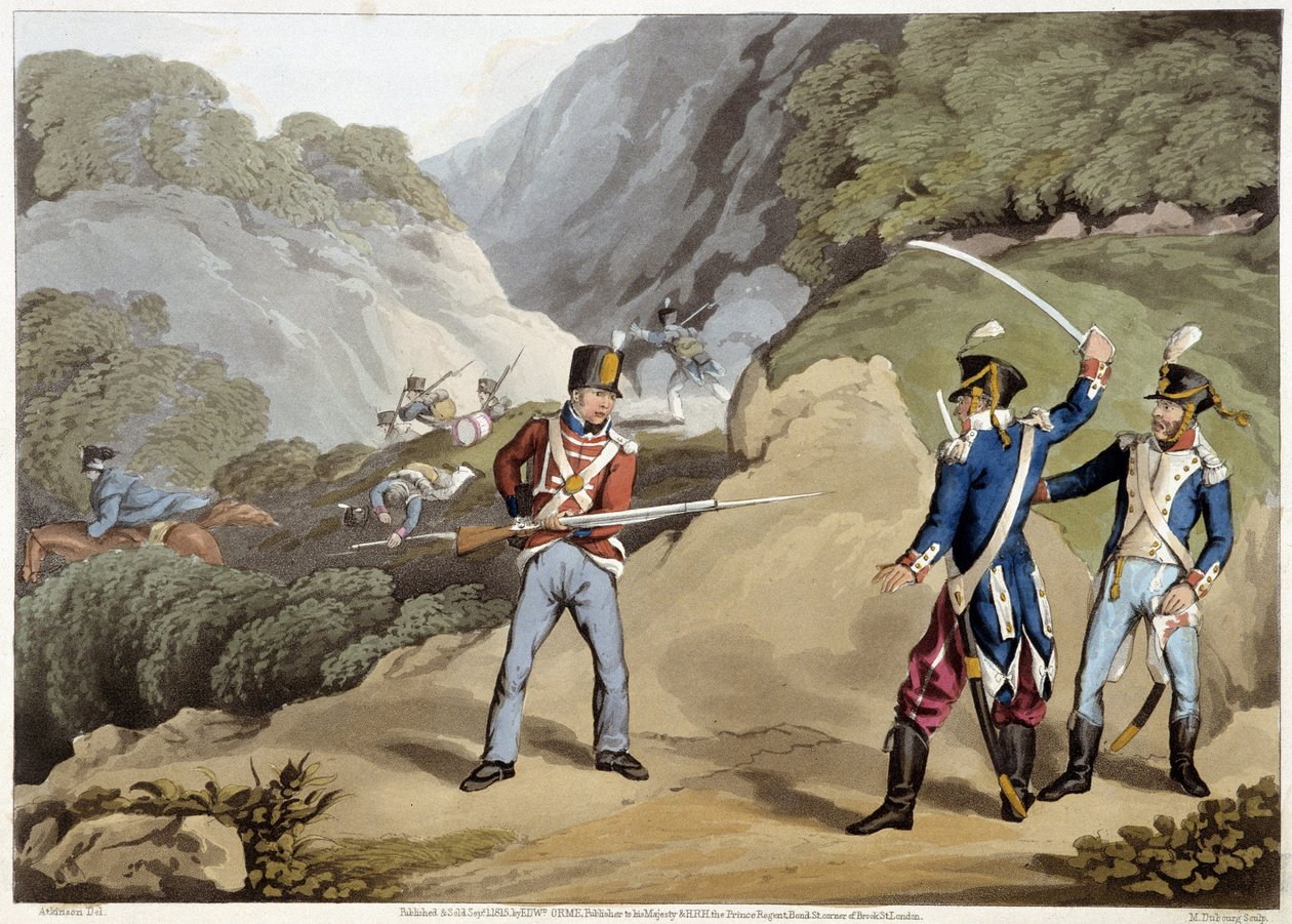 Brytyjski żołnierz schwytał dwóch francuskich oficerów w bitwie pod Pirenejami – w „Anegdotach historycznych, wojskowych i morskich…” Edwarda Orme autorstwa Unknown artist