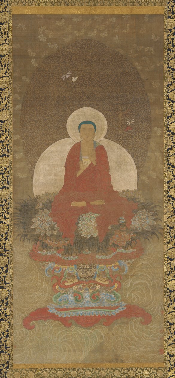 Budda na tronie na macie z trawy Kusa autorstwa Unknown artist