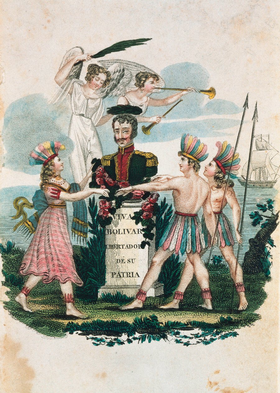 Popiersie wenezuelskiego bohatera wojskowego i polityka Simona Bolivara (kolorowe grawerowanie) autorstwa Unknown artist