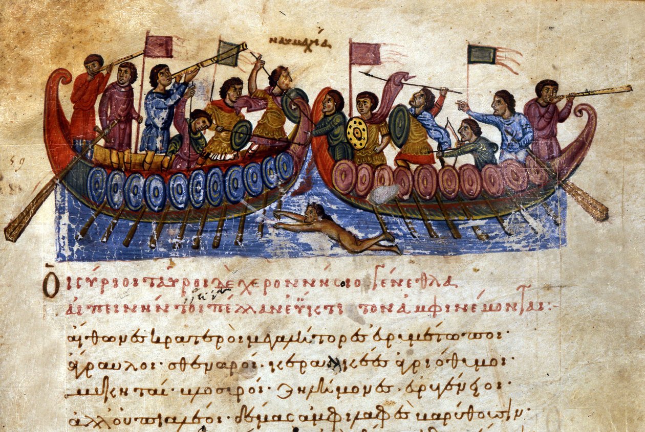 Bizantyjska bitwa morska. Pływak szturmowy atakuje wrogi statek. Rękopis z XI wieku. Wenecja, Biblia. Marciana. autorstwa Unknown artist