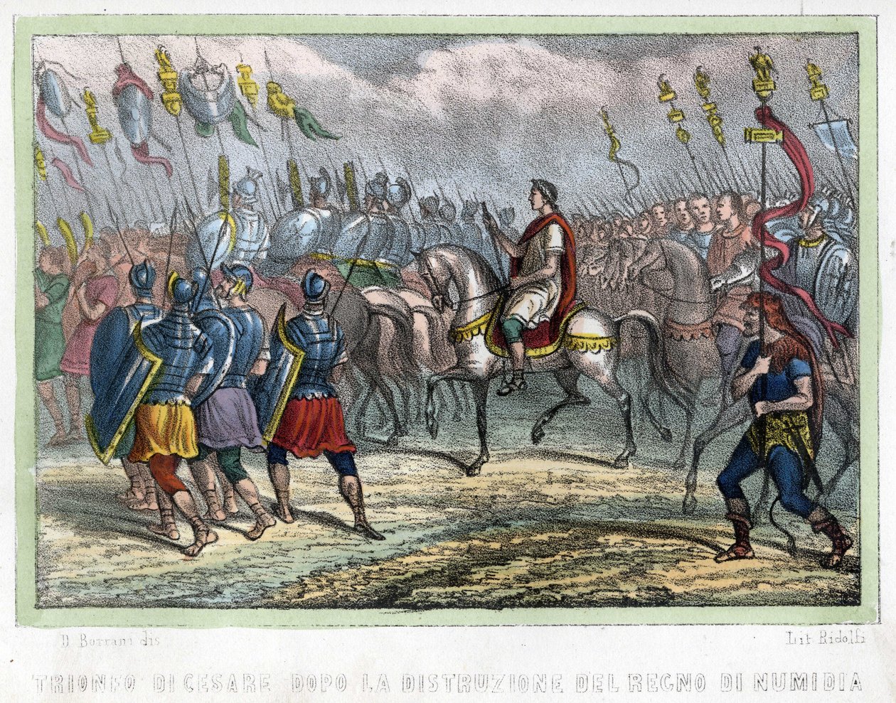 Trupa Cezara po zburzeniu Królestwa Numidii – w „Algierii starożytnej i nowożytnej” Leona Galiberta. Wydanie włoskie w kolorze 1846. autorstwa Unknown artist