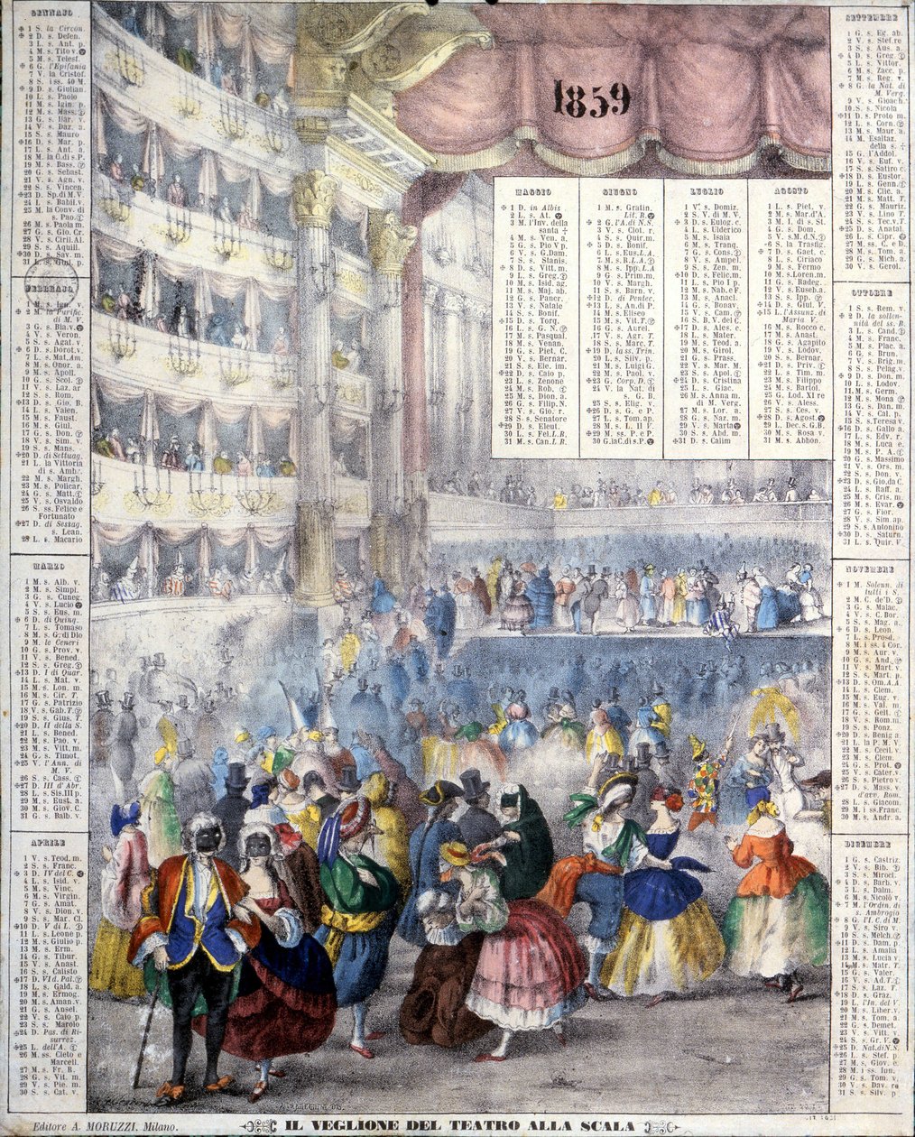 Kalendarz z 1859 roku przedstawiający wieczór karnawałowy w Teatro alla Scala w 1859 roku. autorstwa Unknown artist