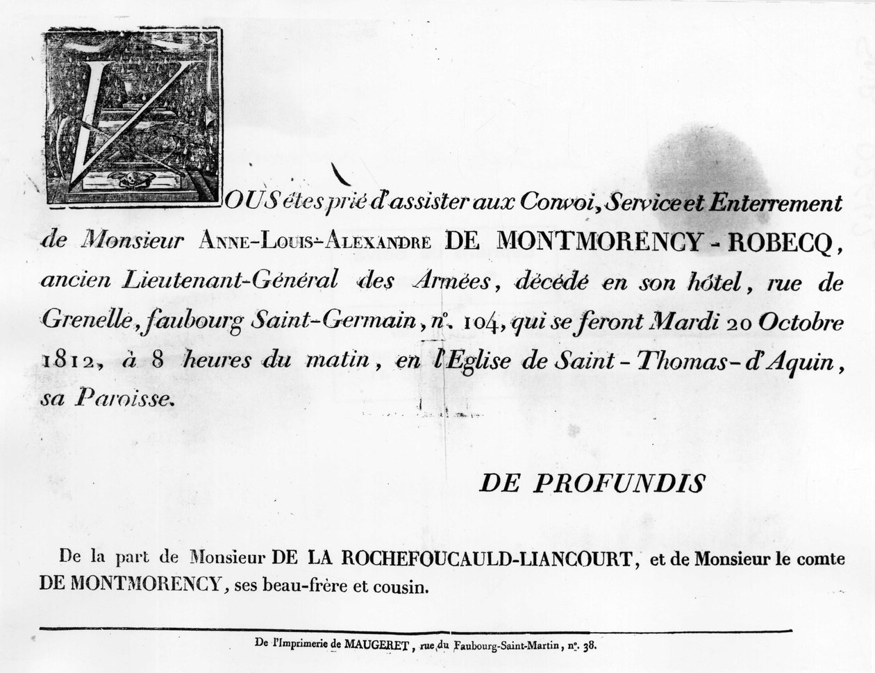 Wezwanie do pogrzebu Alexandre de la Rochefoucauld - Archiwum rodzinne. autorstwa Unknown artist