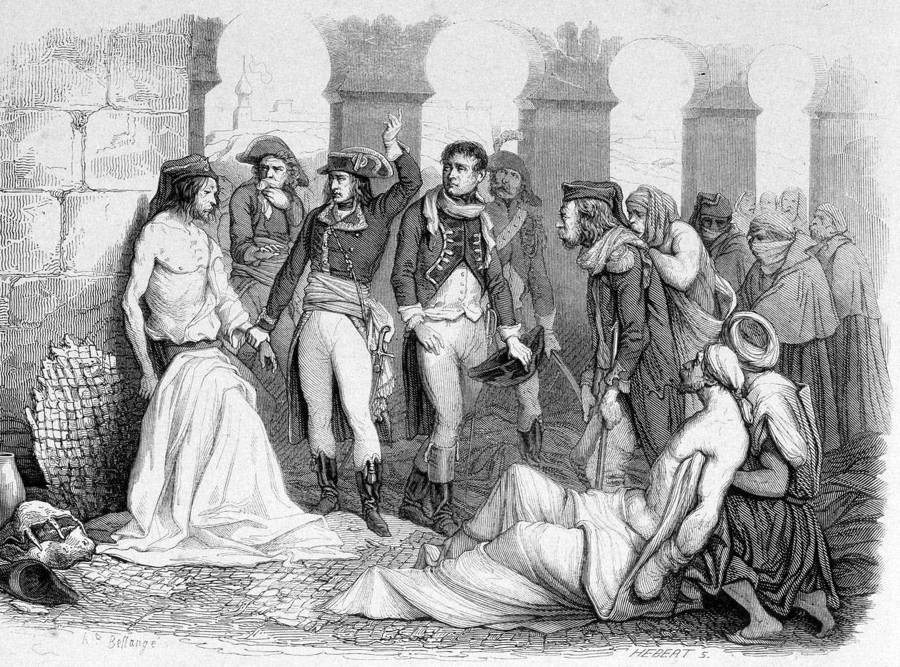 Kampania (wyprawa) w Egipcie (1798-1801): Generał Bonaparte odwiedza szpital pestifere w Jaffie w Egipcie. Grawerowanie XIX wieku. autorstwa Unknown artist