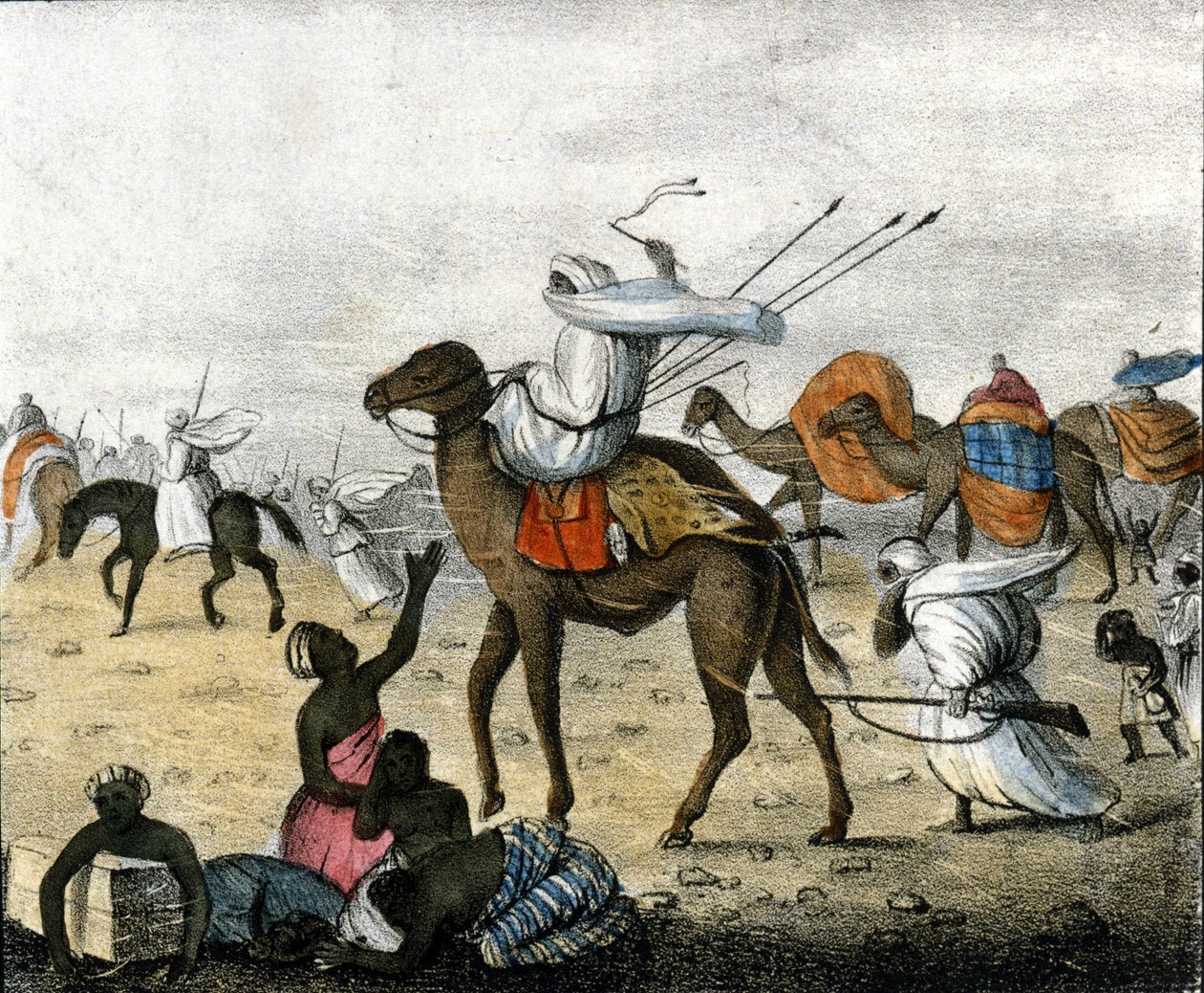 Karawana na pustyni w Maroku podczas wichury. autorstwa Unknown artist