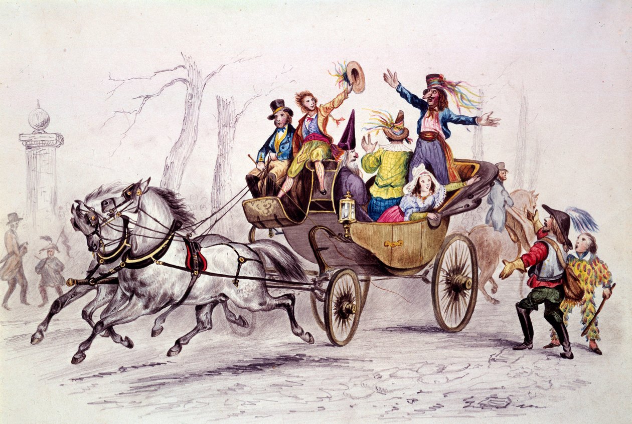 Karnawał. Fetards przebiera się w powozie. Rycina z 1846 r. Paryż, muzeum karnawałowe autorstwa Unknown artist