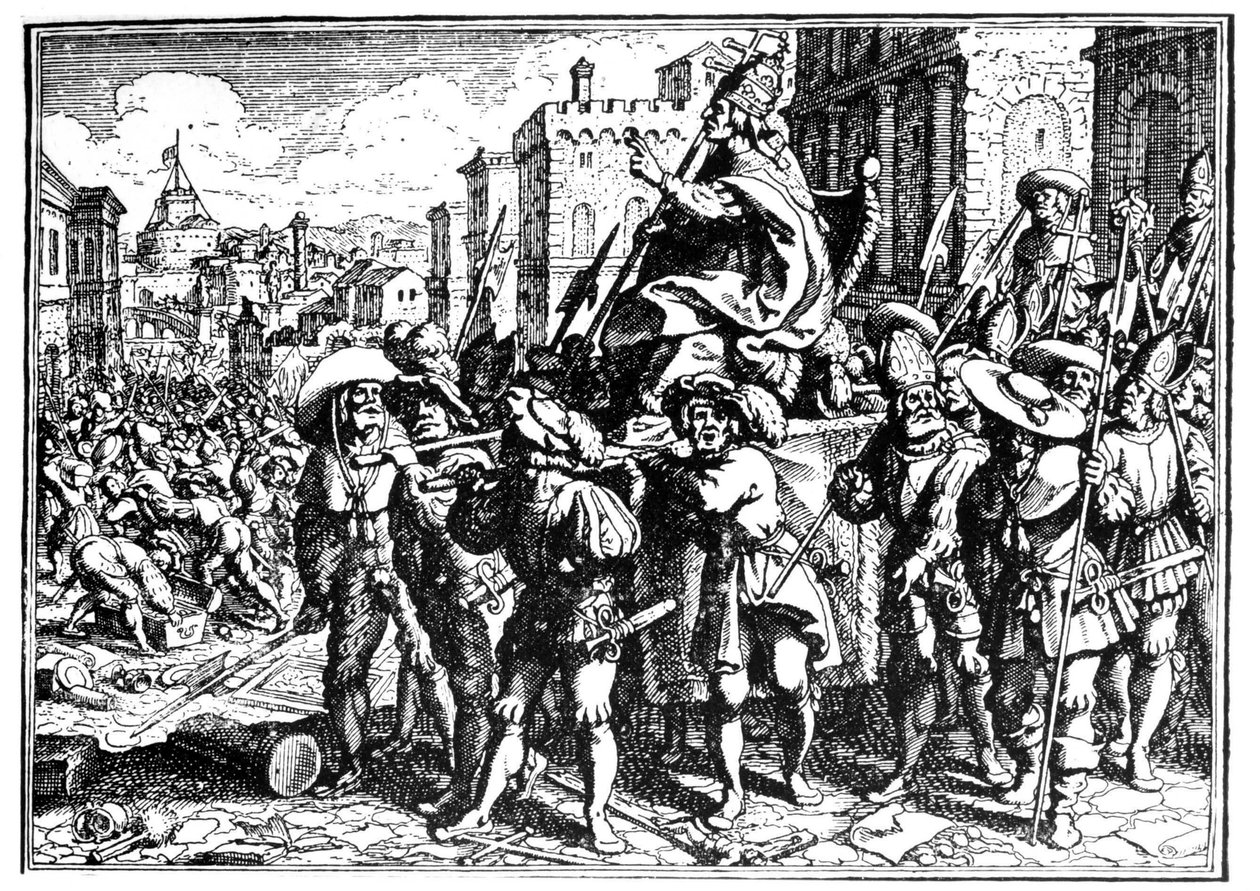 Karykatura o papieżu Innocentym I podczas najazdu i plądrowania Rzymu przez króla Wizygotów Alaryka I w 410 (Sac of Rome). Grawerowanie - w „Kroniki Goffredo”. autorstwa Unknown artist