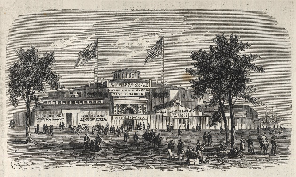 Castle Garden Immigration Centre Depot - Castle Garden Immigration Depot - Stan Nowy Jork - Emigration Commission Ustanowienie - Grawerowanie w „The Illustrous Universe” z 1869 roku autorstwa Unknown artist