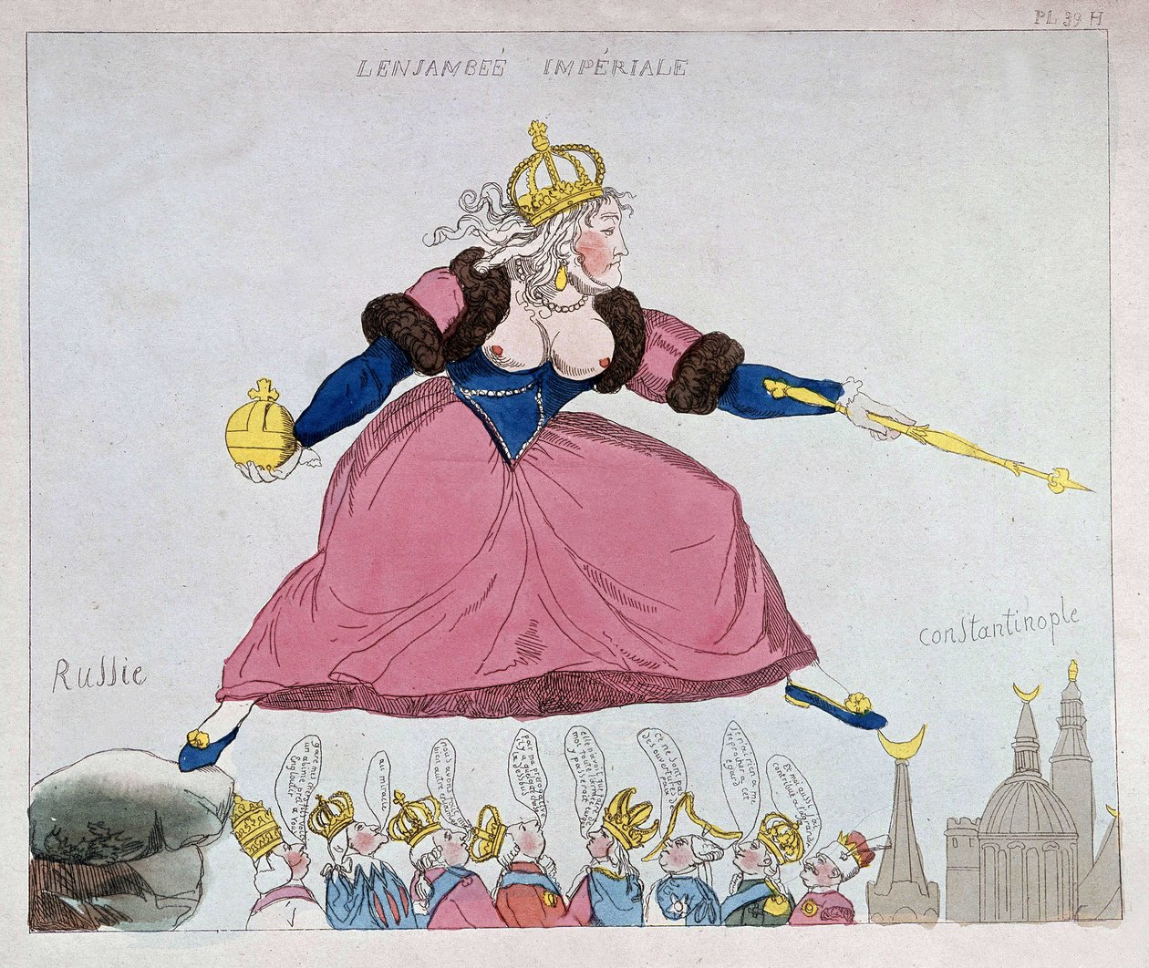 Katarzyna-II skacząca z Rosji do Konstantynopola nad europejskimi władcami, karykatura, koniec XVIII w. autorstwa Unknown artist