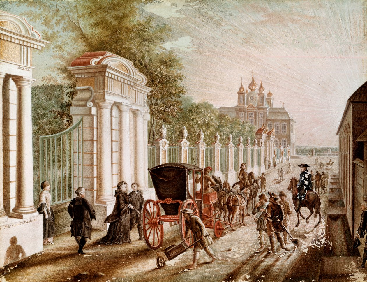 Katarzyna II lub Katarzyna Aleksiejewna (1729-1782) opuściła Pałac Peterhof przed koronacją na cesarza w 1762 r. Litografia z końca XVIII wieku. Petersburg. Zamek Peterhof autorstwa Unknown artist