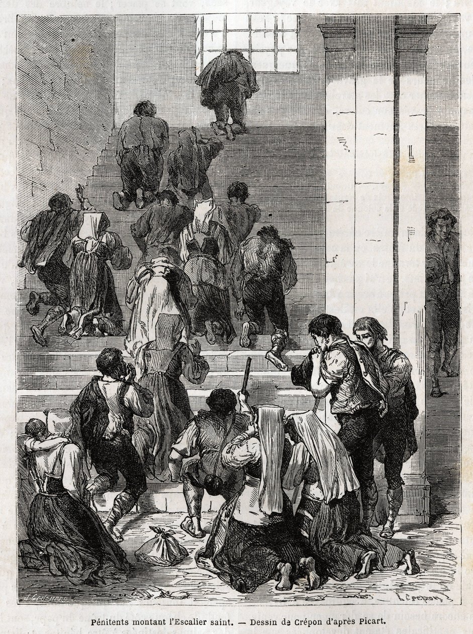 Pokutnicy katoliccy wstępujący po świętych schodach do Rzymu. Grawerowanie ilustrujące historię Ludovica Cellera; Wielki Tydzień w Rzymie autorstwa Unknown artist