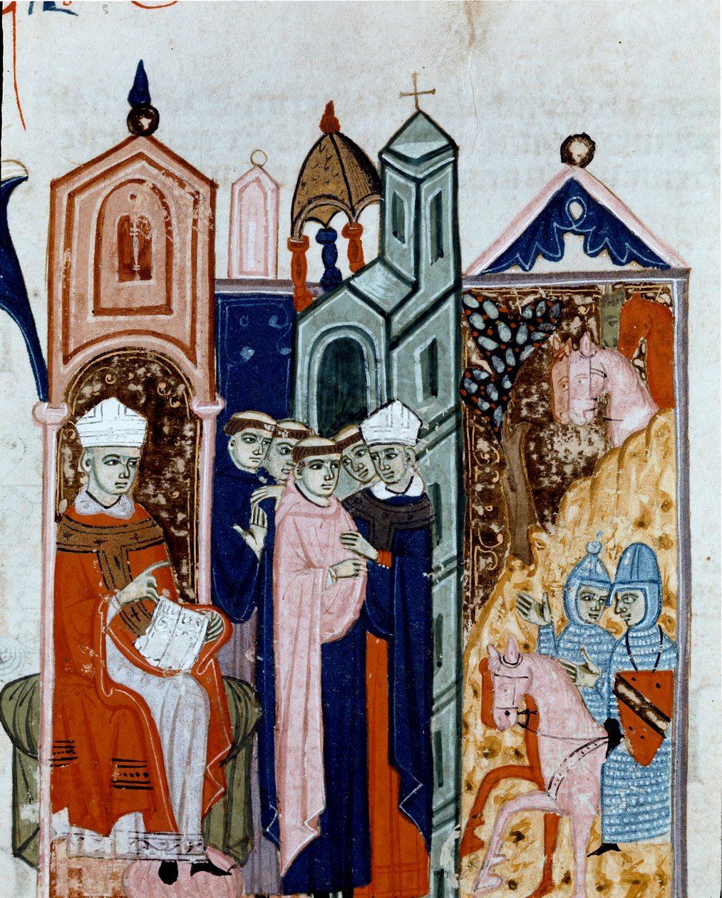 Ceremonia przyjęcia habitu miniaturowego mnicha z „Decret de Gratien” („Concordia discordantium canonum” lub „Decretum Gratiani”) z 1140 r. regulująca prawa i kanony Kościoła rzymskokatolickiego. XIV-wieczna Cesena Biblioteca malatesti autorstwa Unknown artist