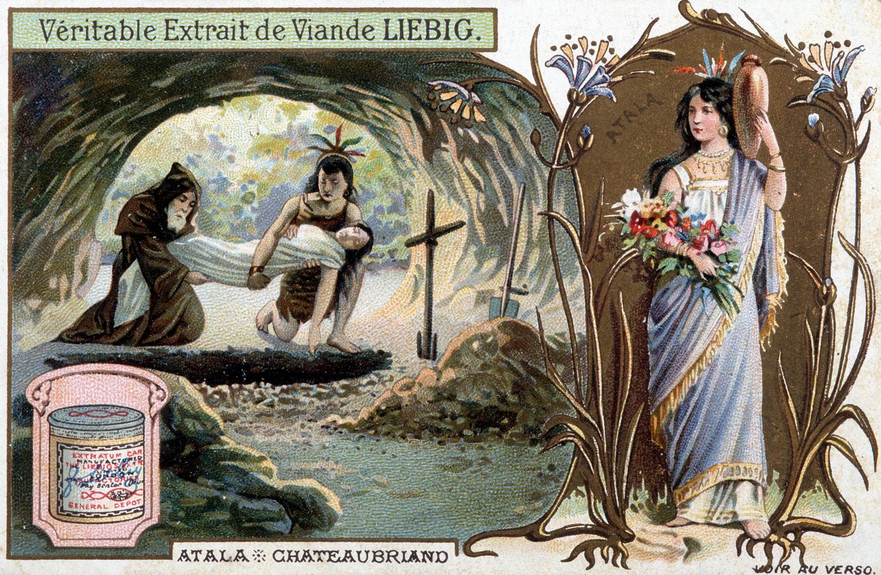 Chactas i ojciec Aubry grzebią Atalę i portret bohaterki - Scene de Atala lub Les Amours de deux savages dans le desert, autorstwa Francois Rene de Chateaubriand (1768-1848) - Liebig chromolitography autorstwa Unknown artist