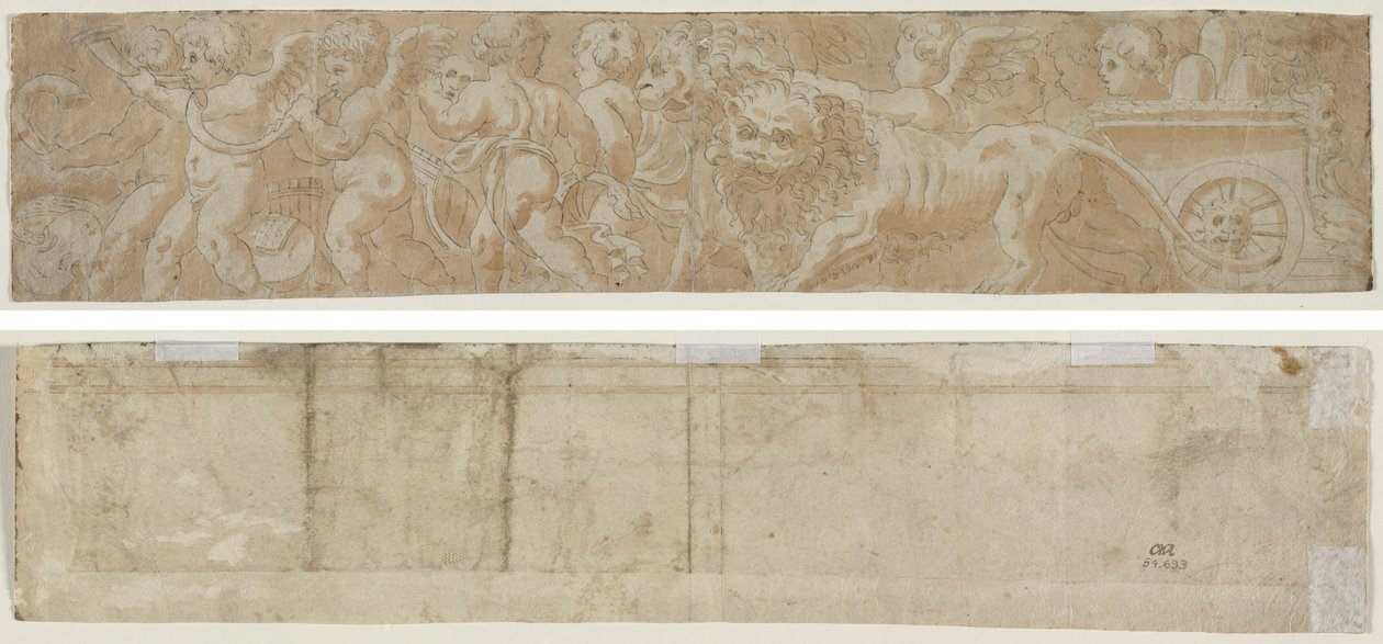 Rydwan ciągnięty przez lwy z Amorini (recto) Częściowe studium architektoniczne (verso) autorstwa Unknown artist