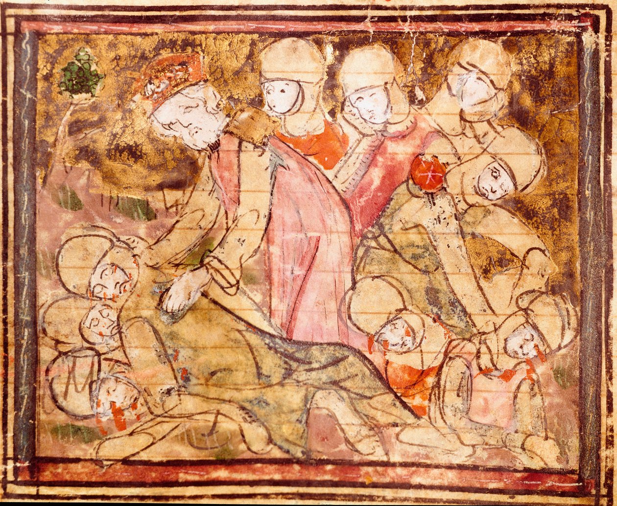 Karol Wielki (742-814) odnajduje ciało swojego siostrzeńca Rolanda, który zginął w bitwie pod Roncesvaux Miniature z „” Grandes Chronicles de France”” 1375-1379 Biblioteka Miejska, Castres autorstwa Unknown artist