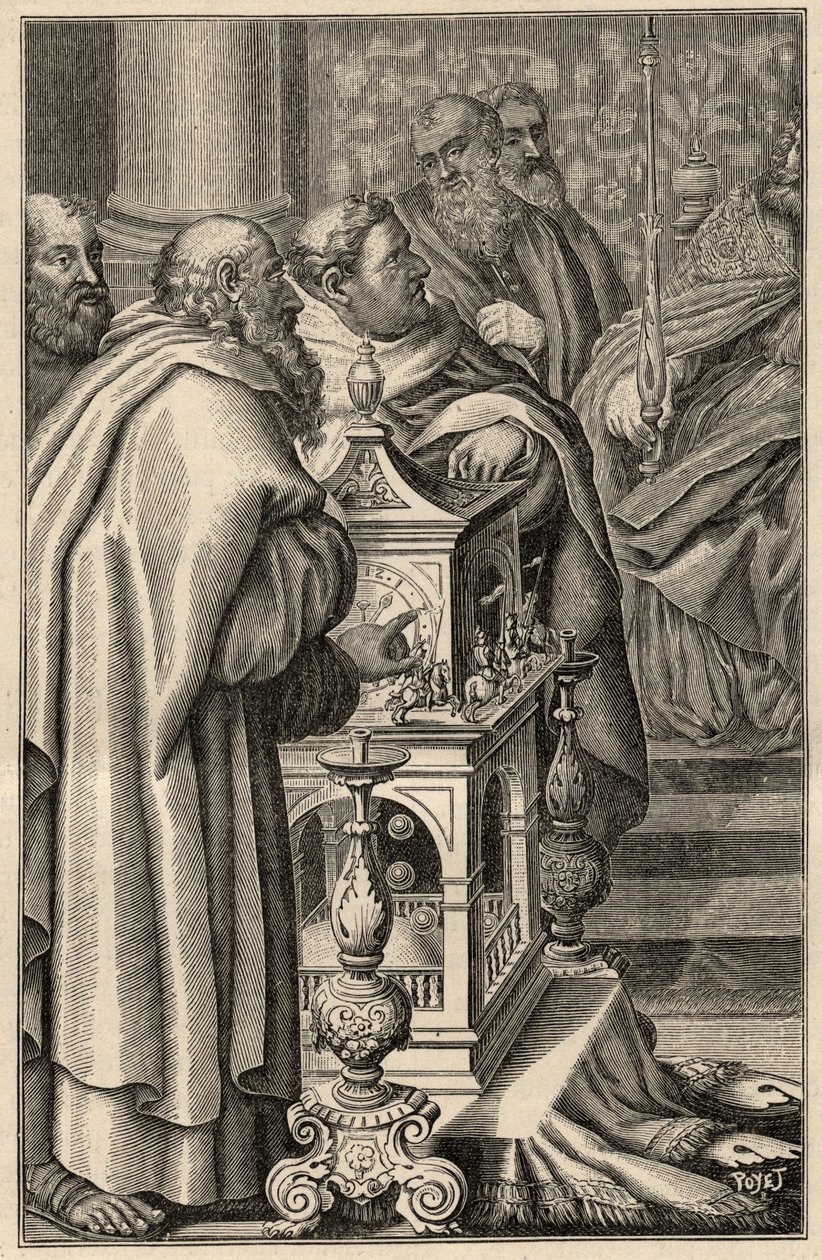Karol Wielki otrzymujący w darze klepsydrę (zegar wodny) od Haruna al-Raszida - W 797 kalif Bagdadu, Haroun ar-Rachid (765-809) ofiarowuje Karolowi Wielkiemu klepsydrę (zegar wodny, pomiar czasu) symbolizujące wiedzę technologiczną. jak z arabskiej cywiliz autorstwa Unknown artist