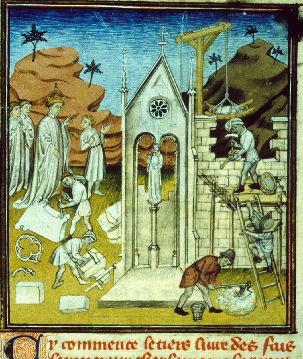 Karol Wielki zwiedzający budowę katedry - Iluminacja rękopisu na welinie średniowiecza „Wielkie Kroniki Saint-Denis” koniec XIV wieku (ref. 512, 096r) Prośba o pozwolenie do Biblioteki Miejskiej w Tuluzie (tel: 05 62 autorstwa Unknown artist