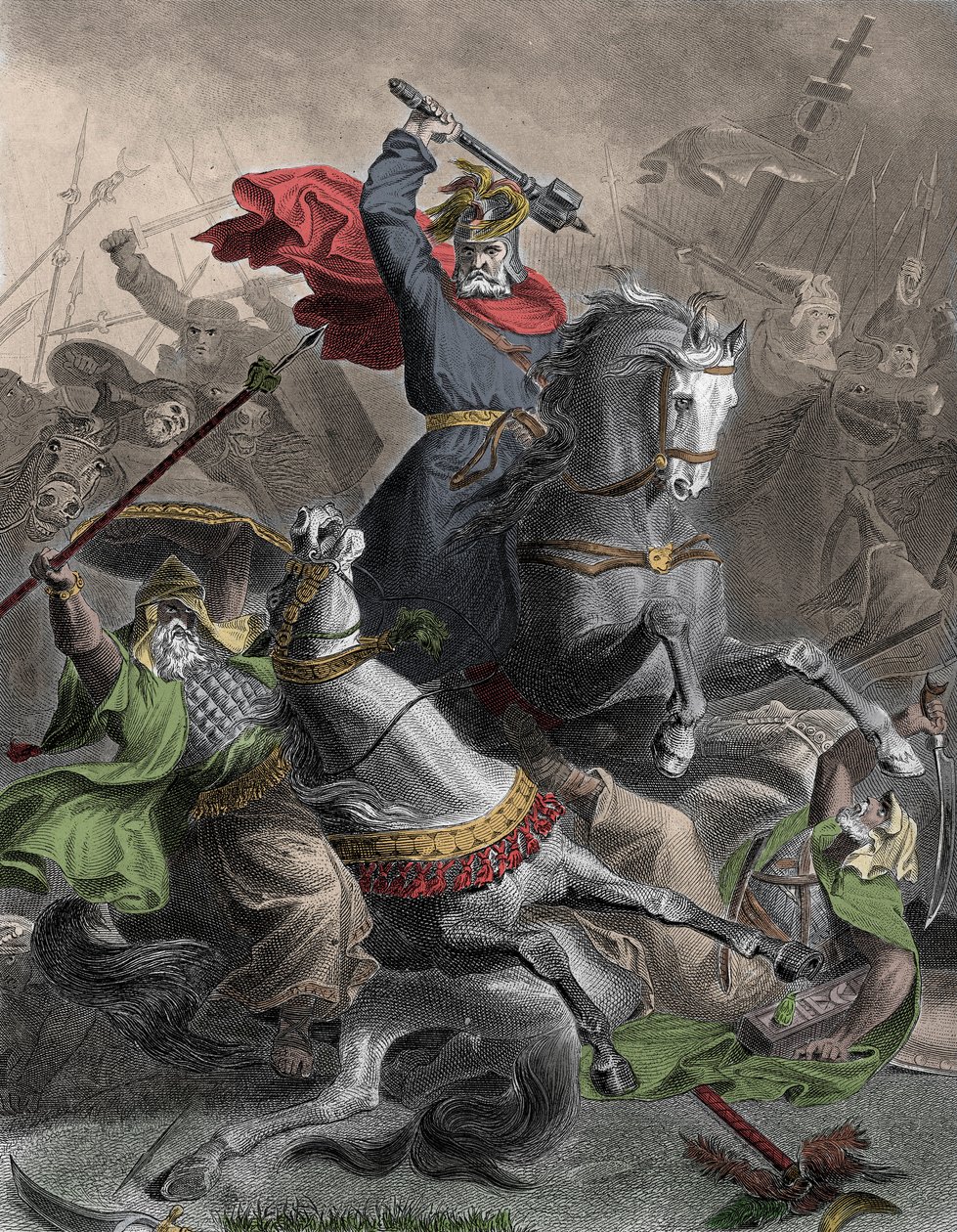 Charles Martel (690-741) prowadzący franki do bitwy z arabską inwazją w Tours (Francja), 732 (Bitwa pod Poitiers) - Grawerowanie kolorystyczne XIX wiek - Charles Martel prowadzący Franków przeciwko arabskim najeźdźcom w Tours, Francja, 732 ne - autorstwa Unknown artist