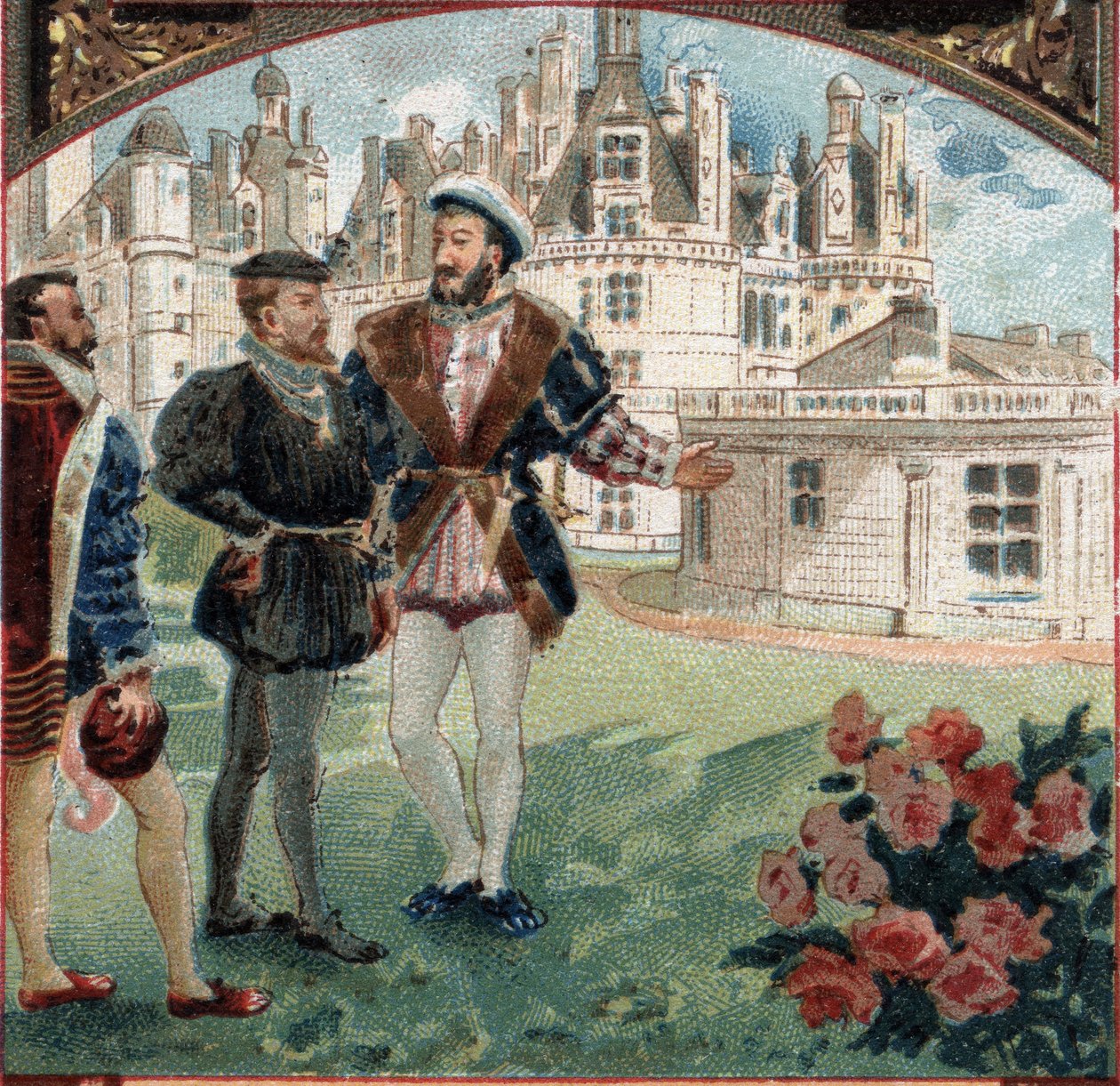 Karol V przyjęty przez Franciszka I w Chateau de Chambord. Chromolitografia z końca XIX wieku autorstwa Unknown artist
