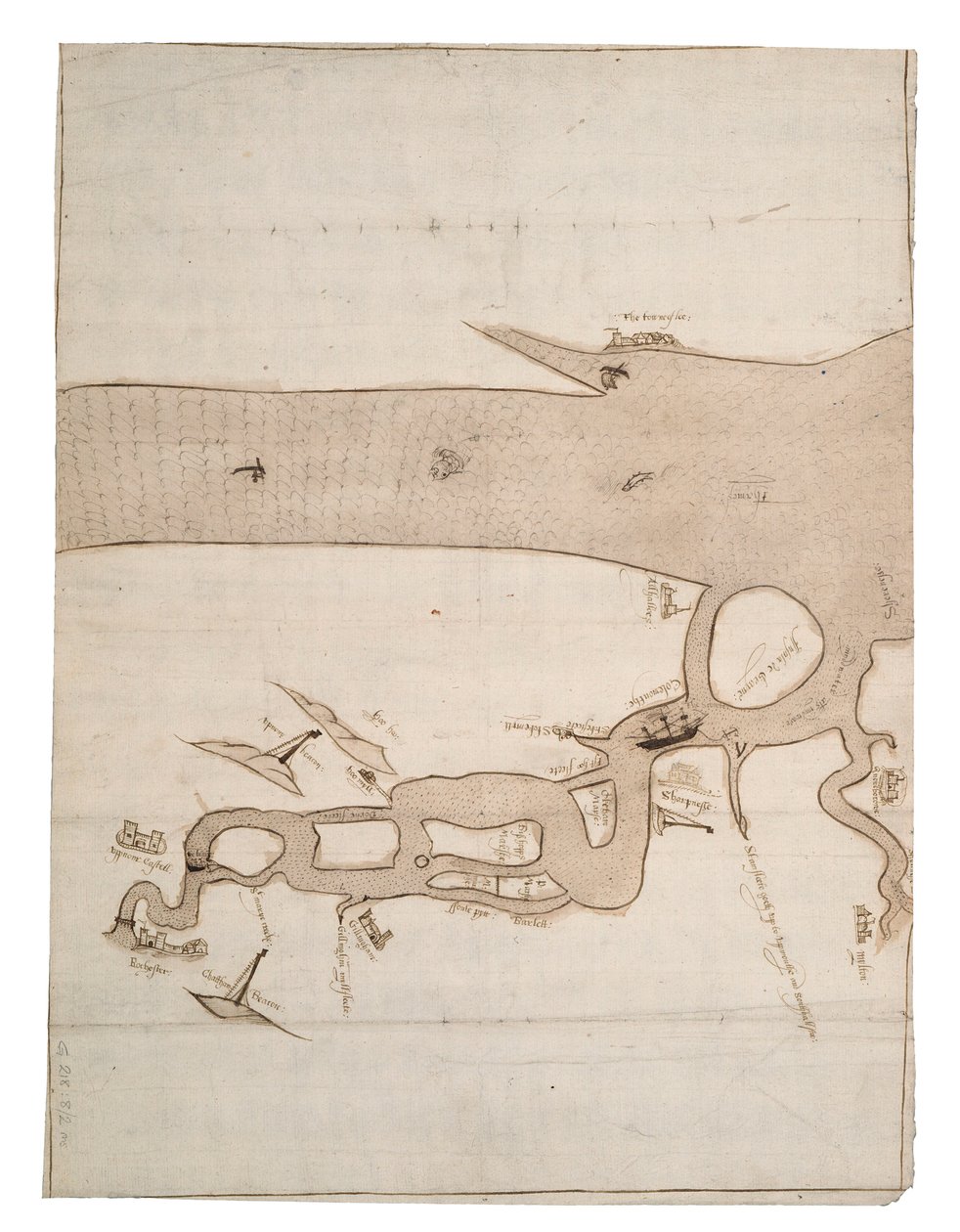 Mapa rzeki Medway i części Tamizy: nr 24 Sheerness, ok. 1590 r. (tusz i płótno) autorstwa Unknown artist