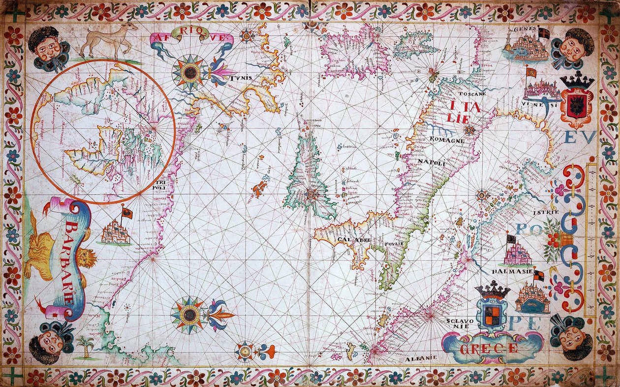 Mapa Morza Śródziemnego przedstawiająca Włochy i wybrzeże północnoafrykańskie autorstwa Unknown artist