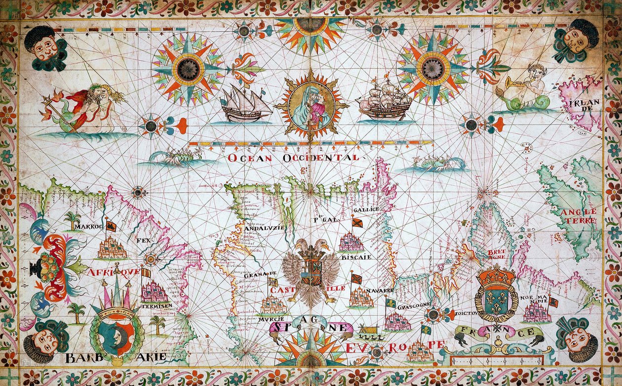 Mapa zachodniej części Morza Śródziemnego przedstawiająca wybrzeża północnoafrykańskie i hiszpańskie oraz Atlantyk autorstwa Unknown artist