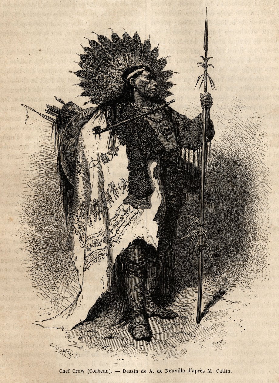 Główny Żółty Mokasyn z plemienia Indian Crow, żyjący wzdłuż rzeki Lewis. Rycina ilustrująca wyprawę wśród plemion indiańskich dorzeczy Kolumbii i Górnego Missouri, autorstwa G. Catlina, w 1855 r., opublikowana w „”le tour du monde””, pod autorstwa Unknown artist