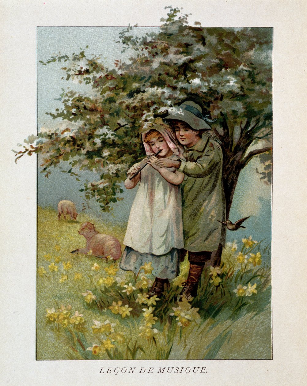 Dziecięcy pasterze grający muzykę w kwitnącym krajobrazie „Lekon muzyczny””. autorstwa Unknown artist