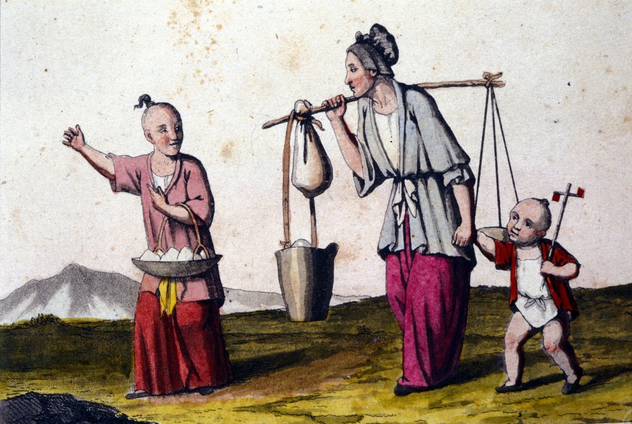 Chiny. Kobieta niosąca wodę w towarzystwie dwójki dzieci, duże niosło kosz ryżu. Druki z XIX wieku. autorstwa Unknown artist