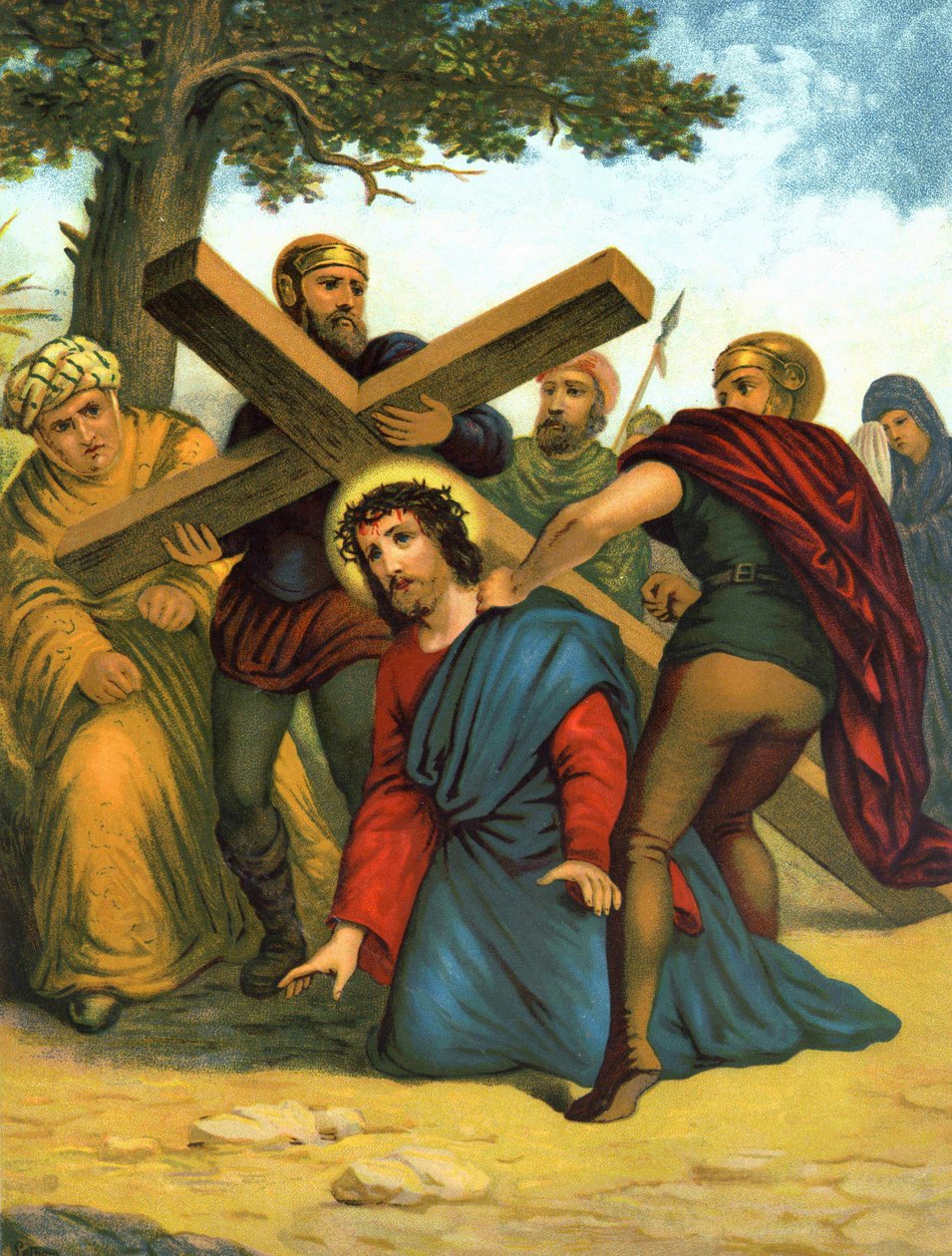 Chromolitografia z końca XIX wieku przedstawiająca życie Chrystusa: Jezus najpierw upada pod krzyżem. autorstwa Unknown artist