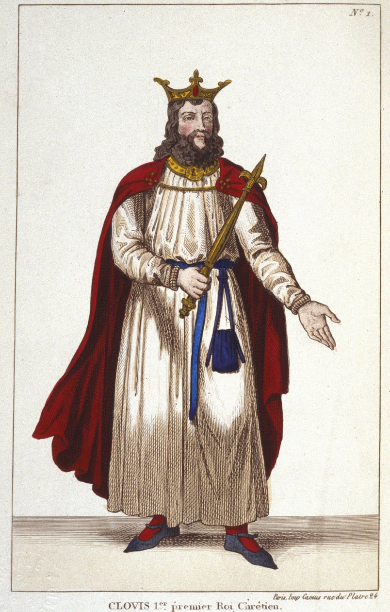 Clovis I (466-511), król Franków, dynastia Merowingów Grawerowanie 1830 autorstwa Unknown artist