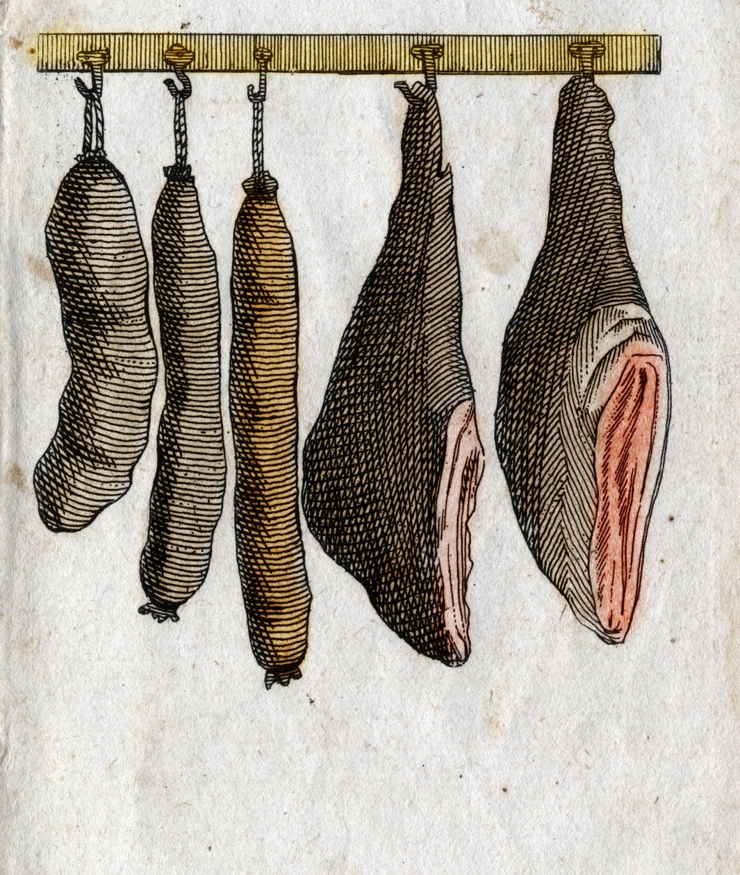 Wędliny: Haczyki na wędliny z szynką i zawieszoną kiełbasą. Grawerowanie końca XVIII wieku. Prywatna kolekcja. autorstwa Unknown artist