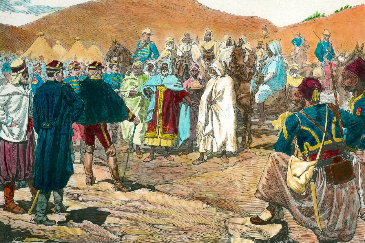 Kolonializm: Tunezyjscy przywódcy plemienni wchodzą do parlamentu. Rycina XIX-wiecznej kolekcji prywatnej autorstwa Unknown artist
