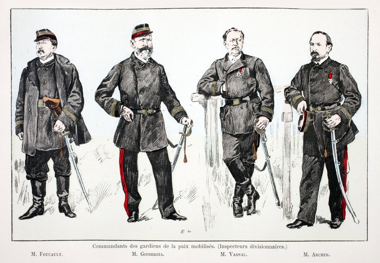 Dowódcy zmobilizowanych sił pokojowych (inspektorzy dywizji), od lewej do prawej: pan Foucault, pan Giobergia, pan Vassal, pan Archer. Akwaforta kolorowa, dla ilustracji książka „Historia Korpusu Sił Pokojowych” wydana pod patronatem autorstwa Unknown artist