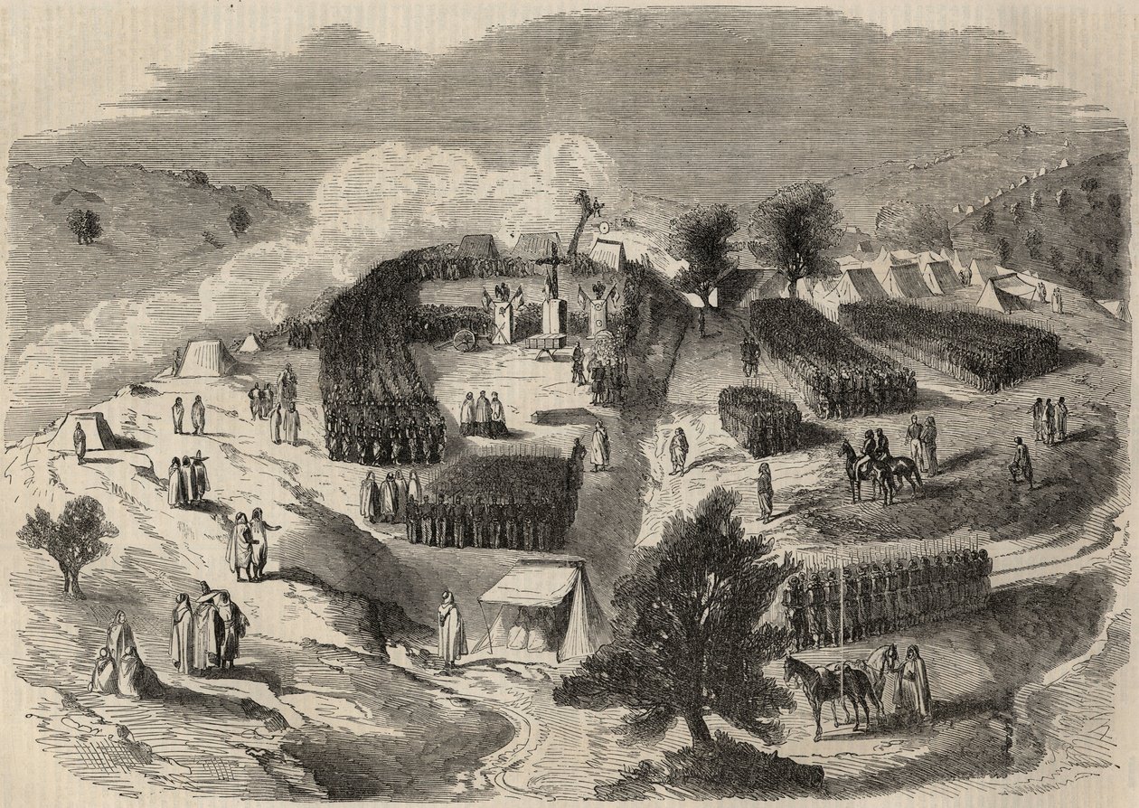 Conquete de Algerie: wyprawa do Wielkiej Kabylii w 1857 roku, położenie pierwszego kamienia pod Fort Napoleon w Souk-el-Arba (Souk el Arba). Grawer w „Le Monde illustrious” z 1857 r. Ze zbiorów prywatnych. autorstwa Unknown artist