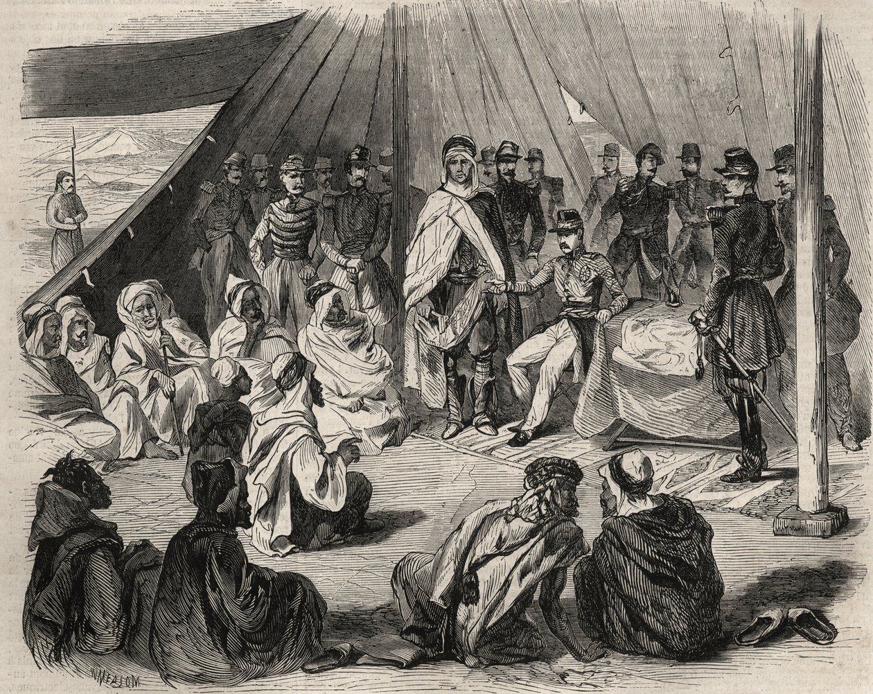 Podbój Algierii: wyprawa do Wielkiej Kabylii w 1857 r. Poddanie kabylskiego plemienia Beni-Raten (Beni Raten) przez armię francuską. Grawer w „Le Monde illustrious” z 1857 r. Ze zbiorów prywatnych. autorstwa Unknown artist