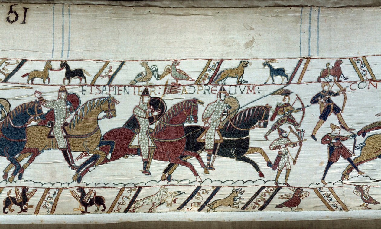 Podbój Anglii przez księcia Normandii Wilhelma Zdobywcy (1027-1087) w 1066: początek bitwy pod Hastings Fragment gobelinu z Bayeux lub haftu królowej Matyldy autorstwa Unknown artist